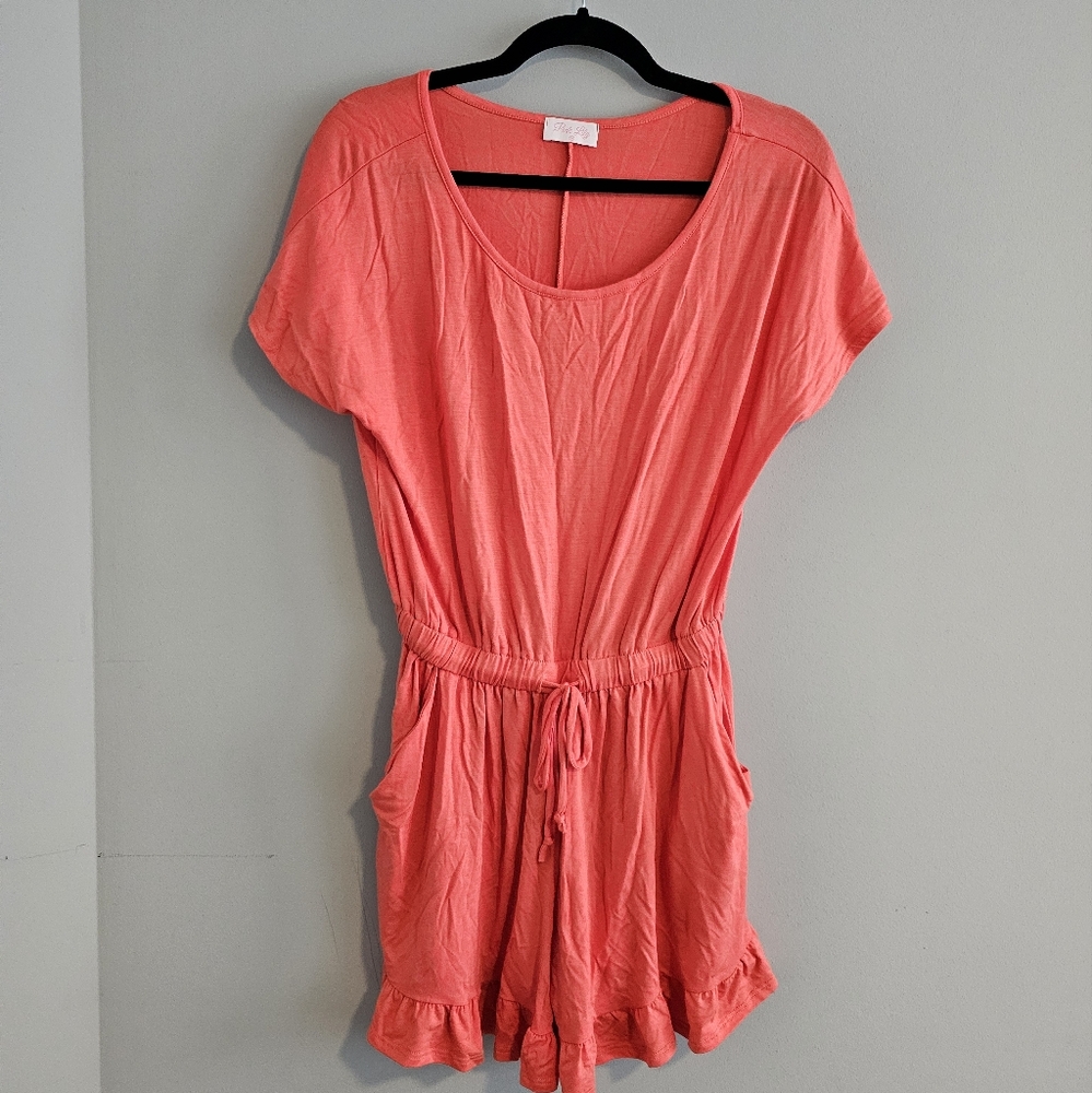 Pink Lily Coral Short Sleeve Romper | Medium